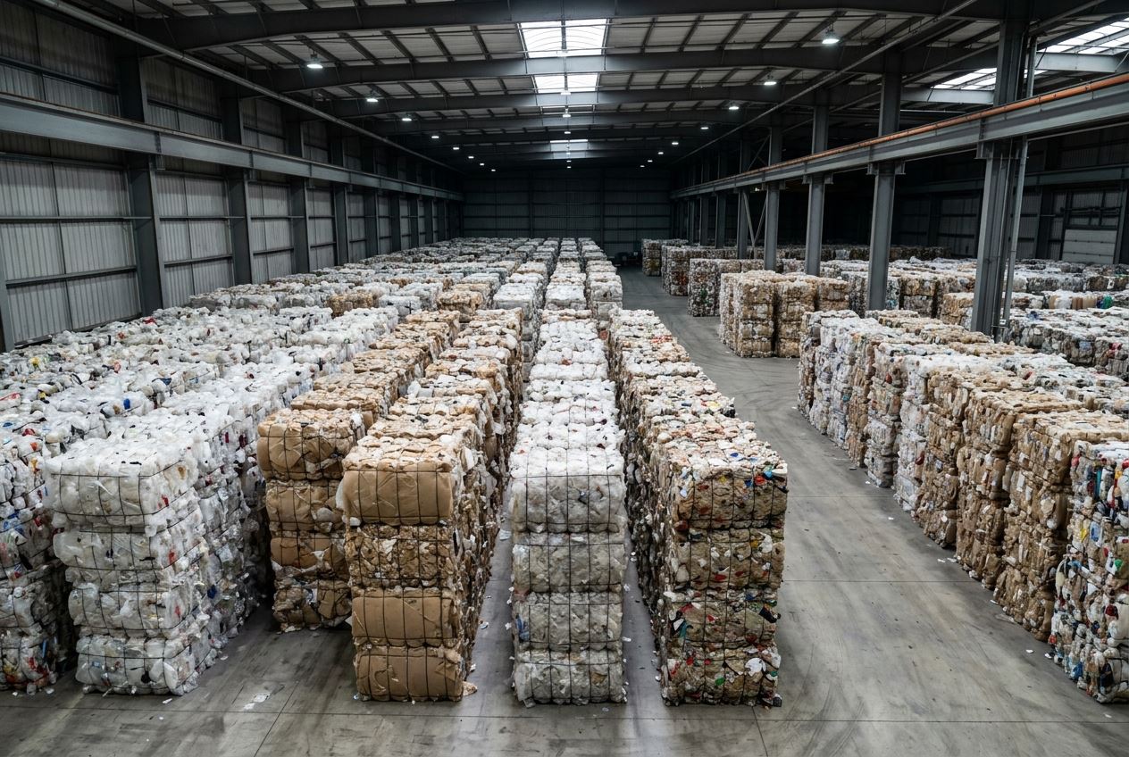 Compressed recovered polymer material bales in industrial warehouse
