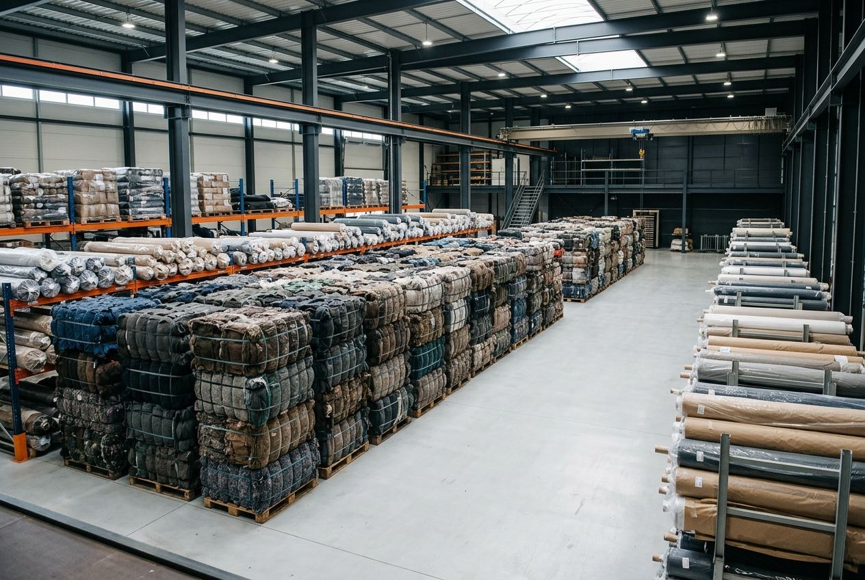 Organized textile fabric bales and rolls in industrial recovery facility